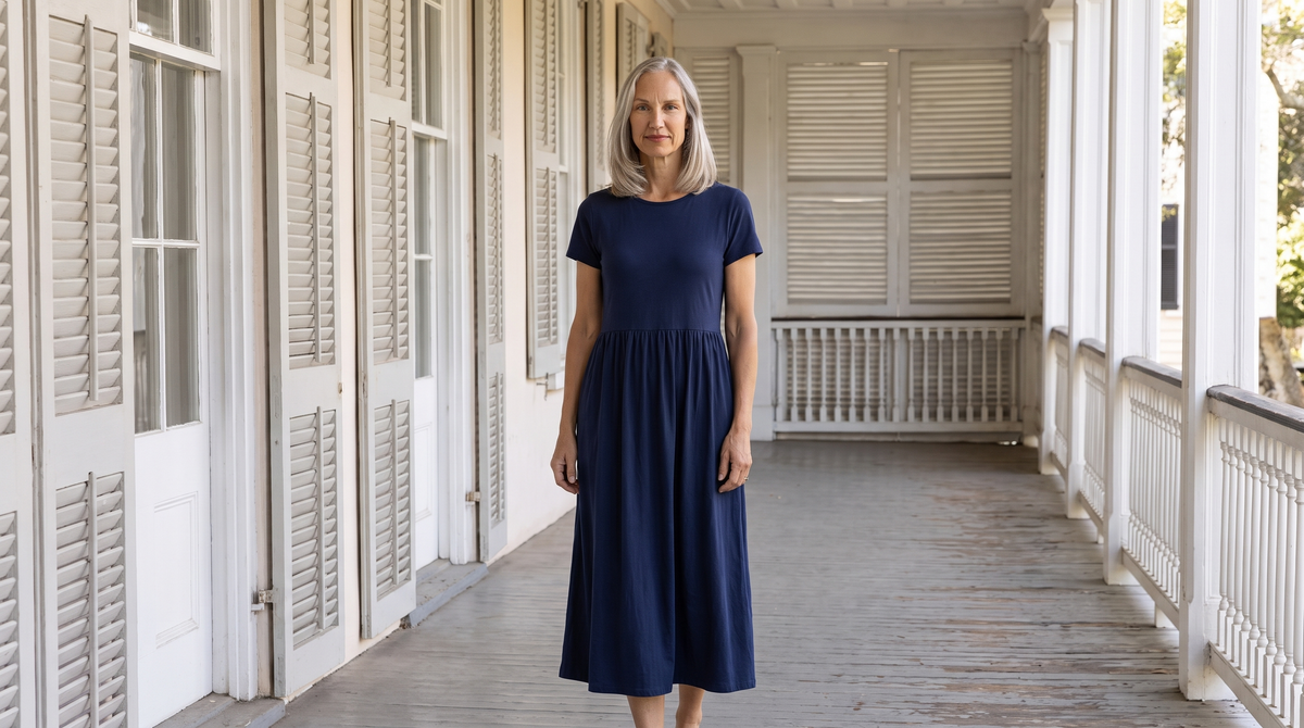 A woman wearing a navy blue midi dress with a gently gathered waist and short sleeves — Midi Dresses