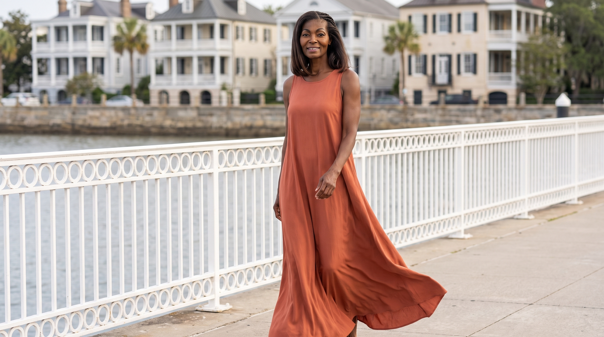 A woman wearing a long terracotta maxi dress with a column silhouette — Maxi Dresses