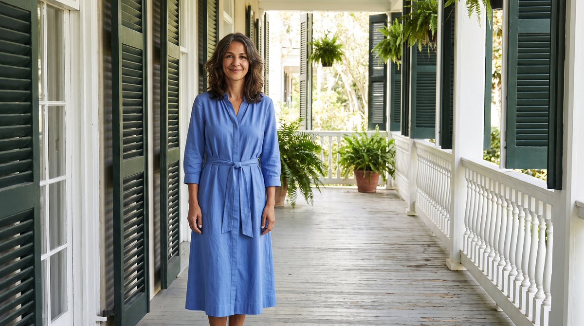 A woman wearing a fresh cornflower blue midi dress with a tie waist — New Dresses