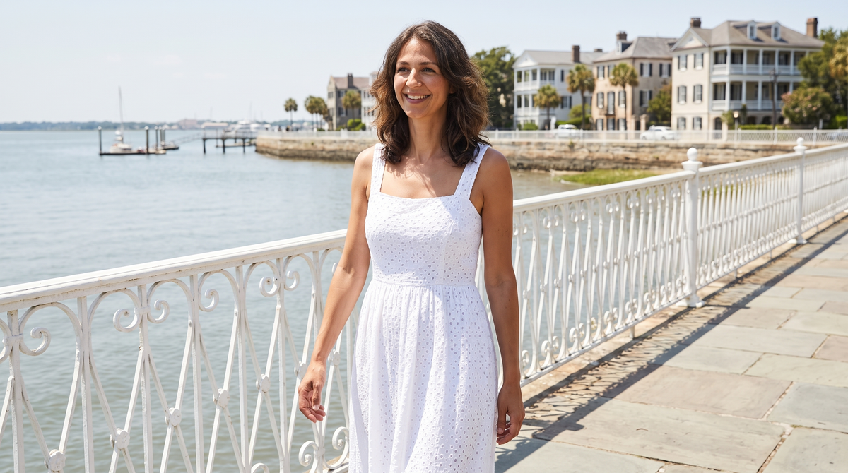 A woman wearing a crisp white broderie summer dress — Summer Bestsellers