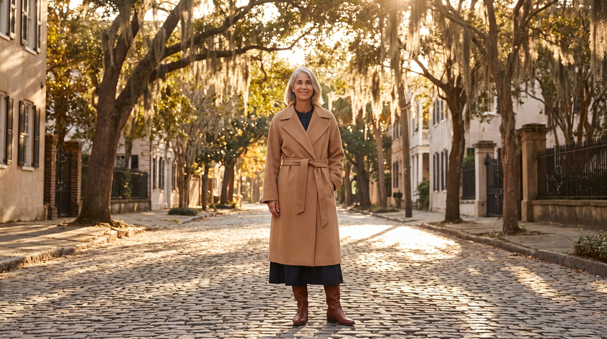 A woman wearing a camel wrap coat over a dark midi dress — New Autumn Collection
