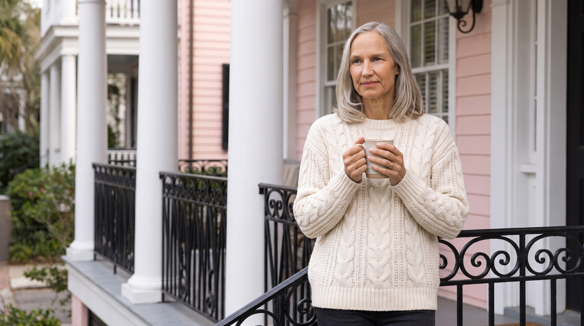 A woman wearing a chunky ivory cable knit sweater over dark trousers — Knitwear