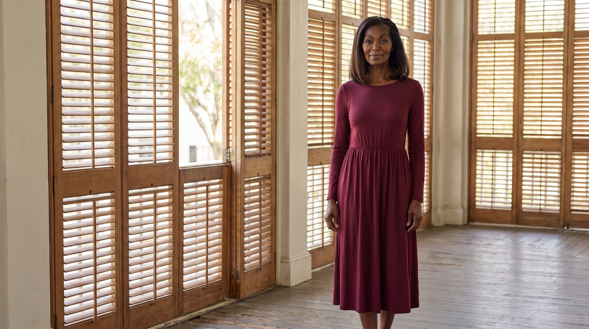 A woman wearing a burgundy long sleeved midi dress with a soft gathered waist — Long Sleeve Dresses