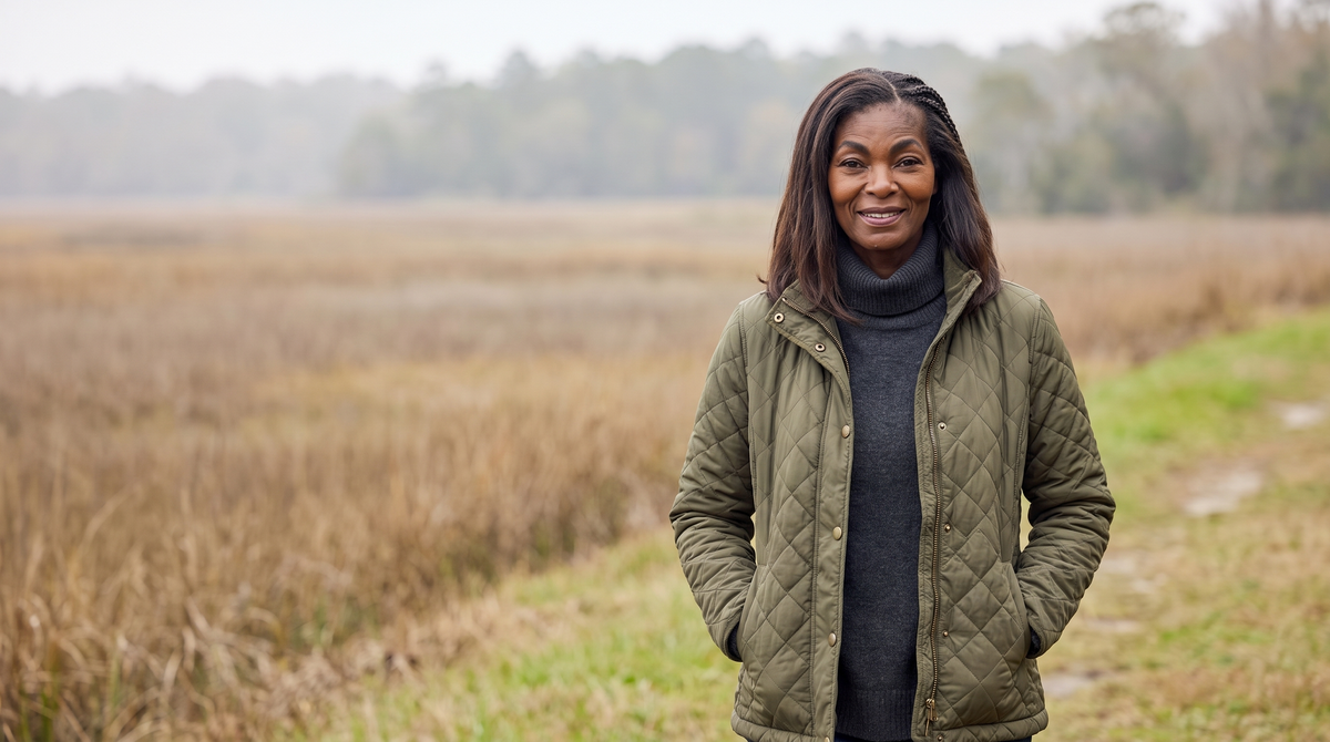 A woman wearing an olive green quilted jacket over a roll neck — Quilted Jackets