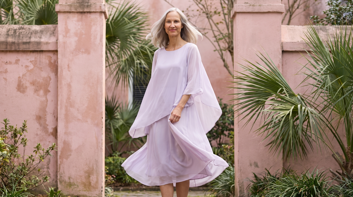 A woman wearing a pale lilac chiffon midi dress — Chiffon Dresses