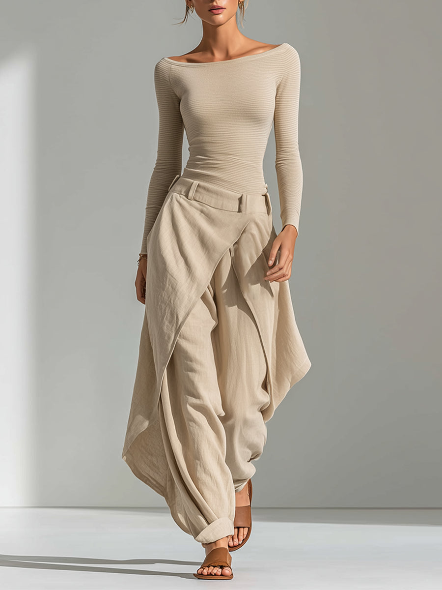 ADELE | BEIGE BOAT-NECK WIDE-LEG SET FOR WOMEN