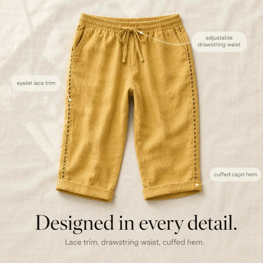 LORAVIE | EYELET TRIM COTTON-LINEN-LIKE PANTS FOR WOMEN
