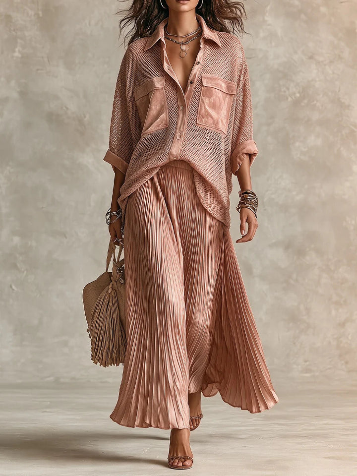 CAMILLE | PINK MESH PLEATED SKIRT FOR WOMEN