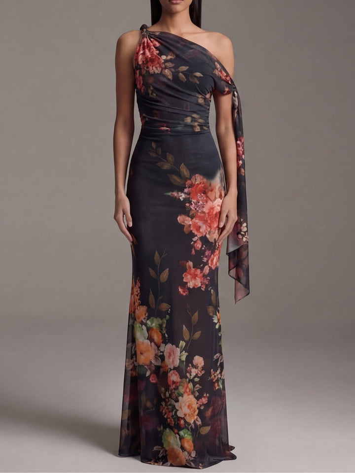 BLACK | ONE-SHOULDER PLEATED MAXI DRESS FOR WOMEN