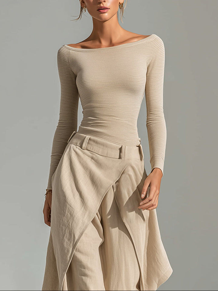 DELPHINE | BEIGE BOAT-NECK WIDE-LEG SET FOR WOMEN