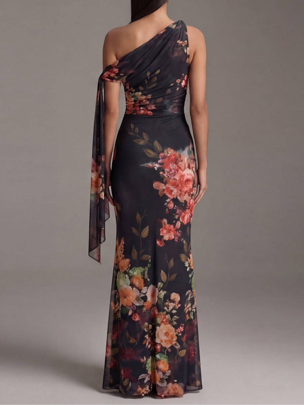 BLACK | ONE-SHOULDER PLEATED MAXI DRESS FOR WOMEN