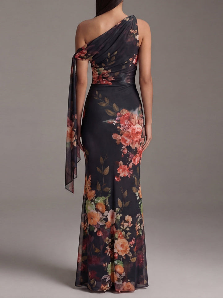 BLACK | ONE-SHOULDER PLEATED MAXI DRESS FOR WOMEN