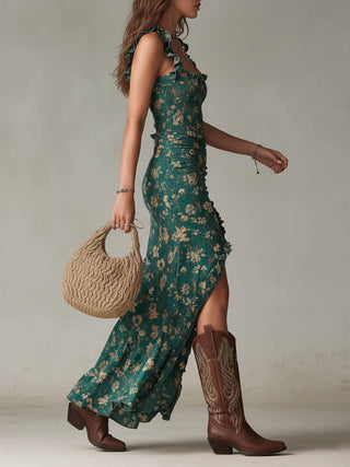 BOHEMIAN | GREEN PRINTED MAXI DRESS FOR WOMEN