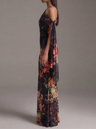 BLACK | ONE-SHOULDER PLEATED MAXI DRESS FOR WOMEN