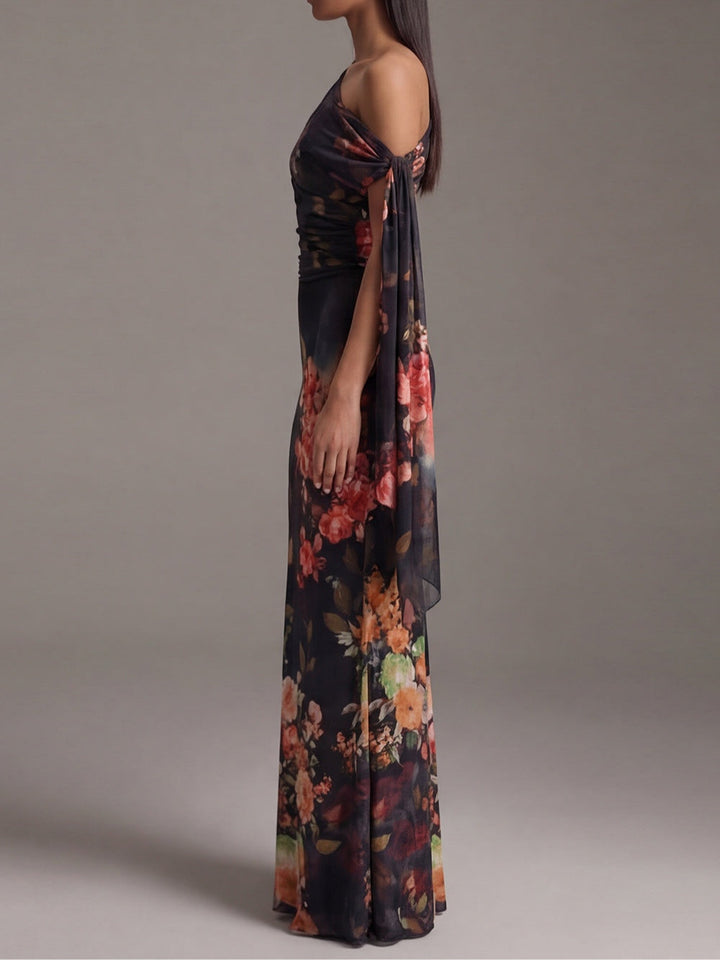 BLACK | ONE-SHOULDER PLEATED MAXI DRESS FOR WOMEN