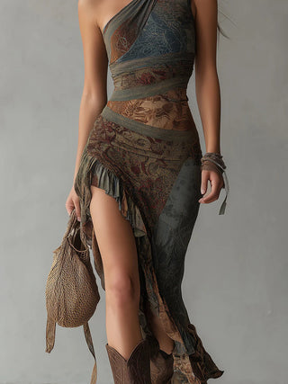 ETHNIC-STYLE | PRINTED ONE-SHOULDER MAXI DRESS FOR WOMEN