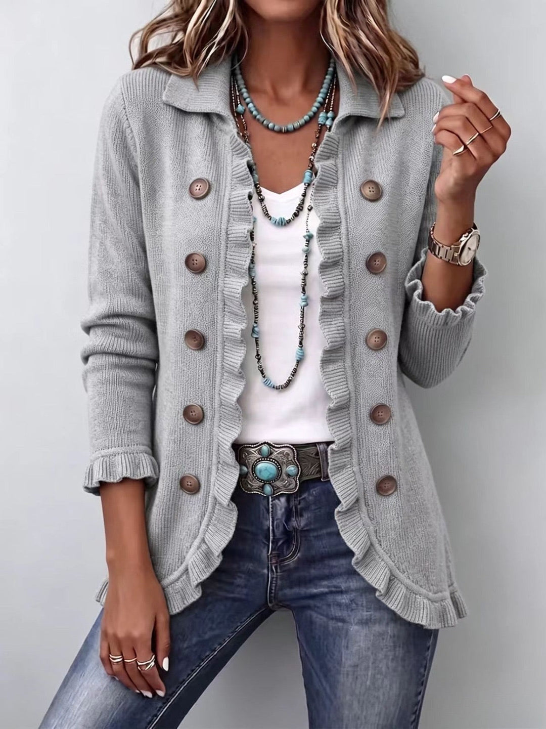 SANNE | RUFFLED RIBBED KNIT JACKET FOR WOMEN
