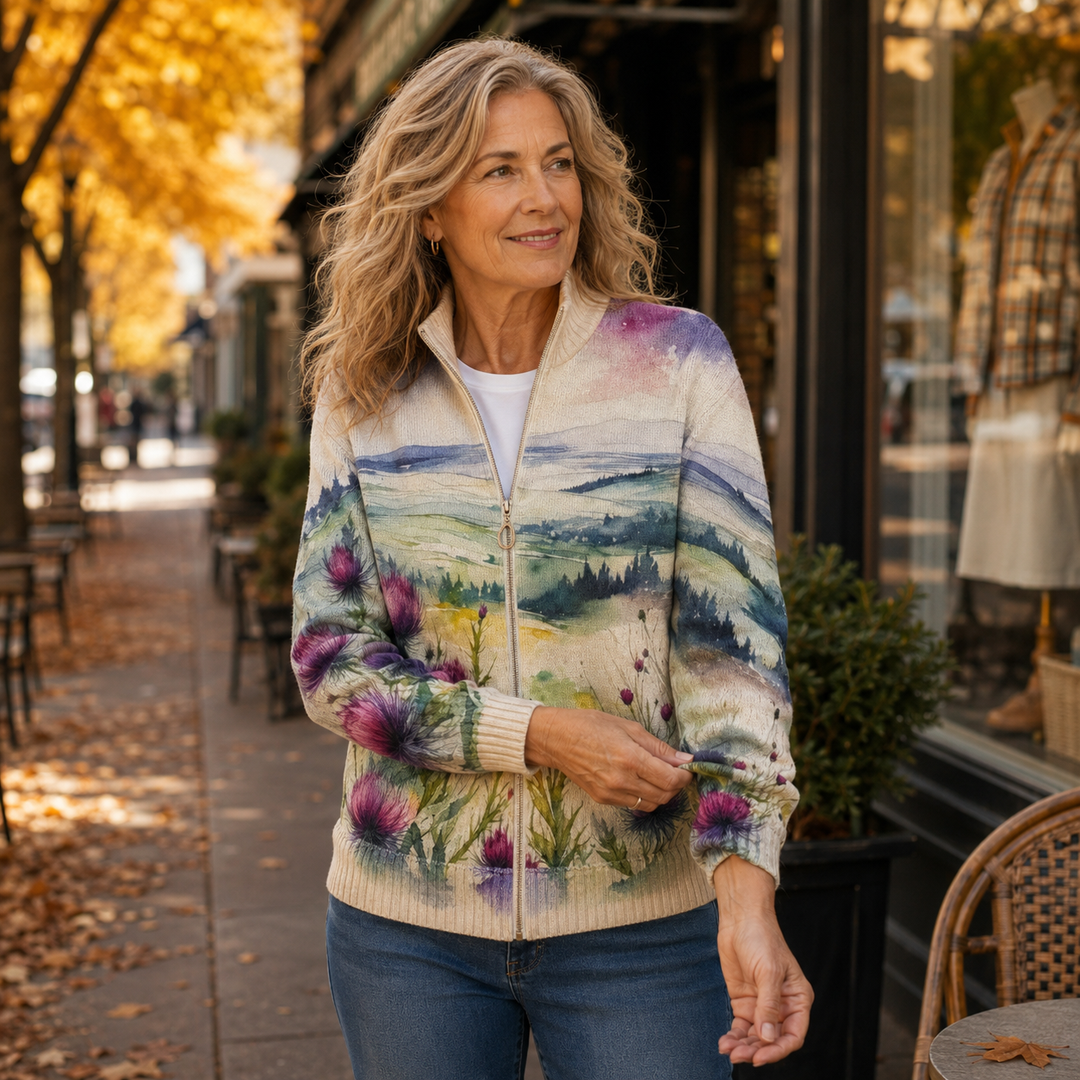 LAVINIA | SCOTTISH THISTLE LANDSCAPE CARDIGAN FOR WOMEN