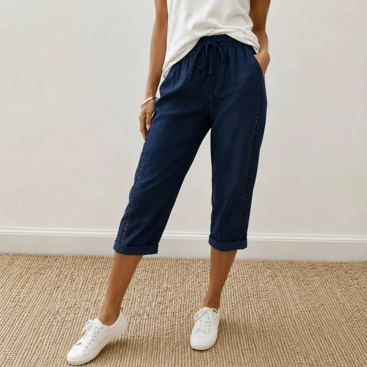 LORAVIE | EYELET TRIM COTTON-LINEN-LIKE PANTS FOR WOMEN