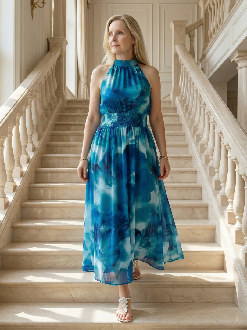 SYLIN | GATHERED HALTER MIDI DRESS FOR WOMEN