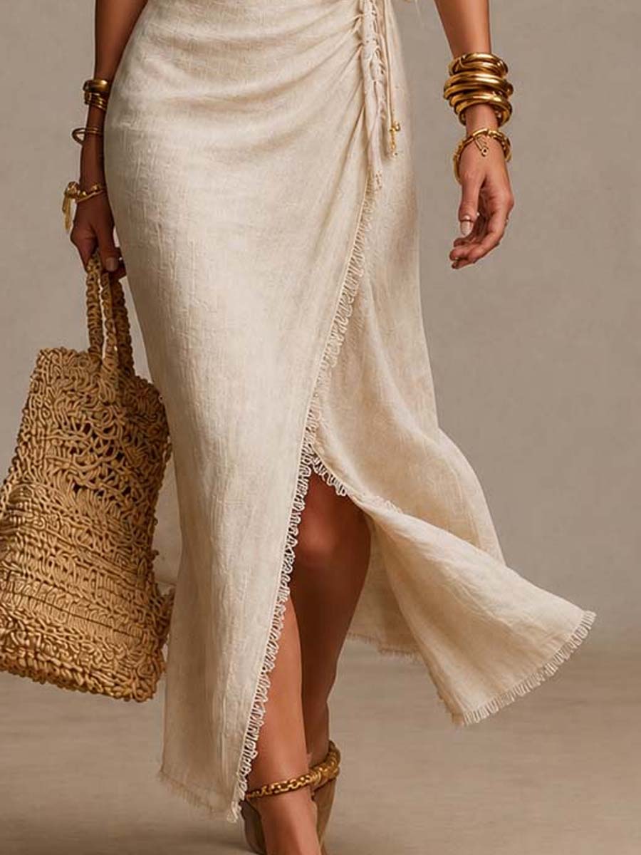 CLEMENCE | NATURAL LINEN MIDI DRESS FOR WOMEN