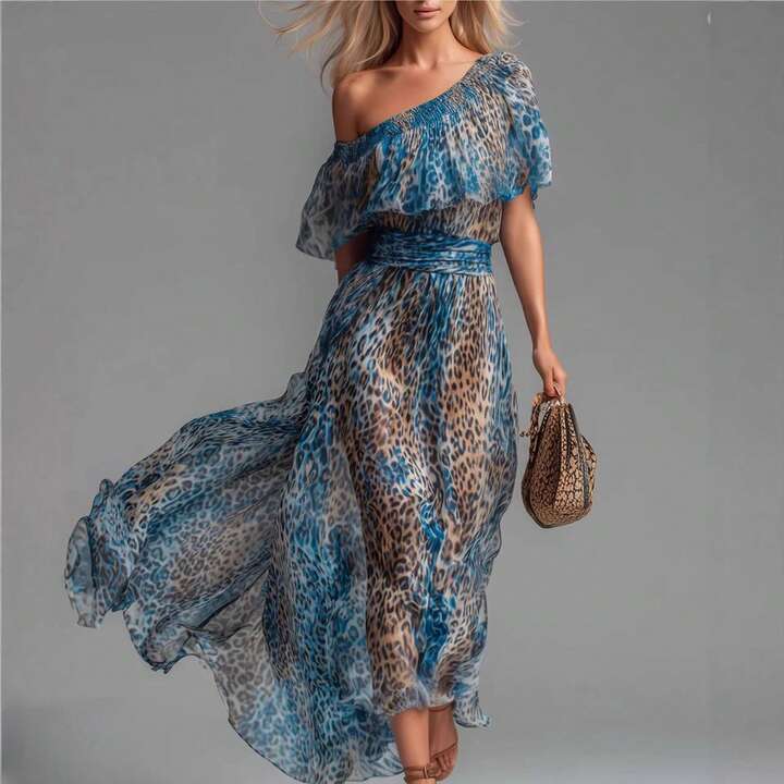AMARA | ONE-SHOULDER LEOPARD MAXI DRESS FOR WOMEN