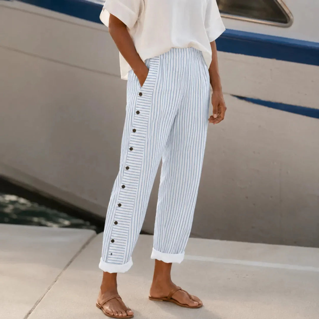MARENA | STRIPED SIDE-BUTTON CROPPED PANTS FOR WOMEN