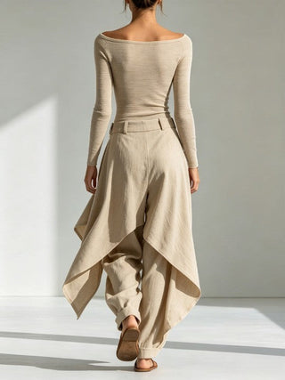 ADELE | BEIGE BOAT-NECK WIDE-LEG SET FOR WOMEN