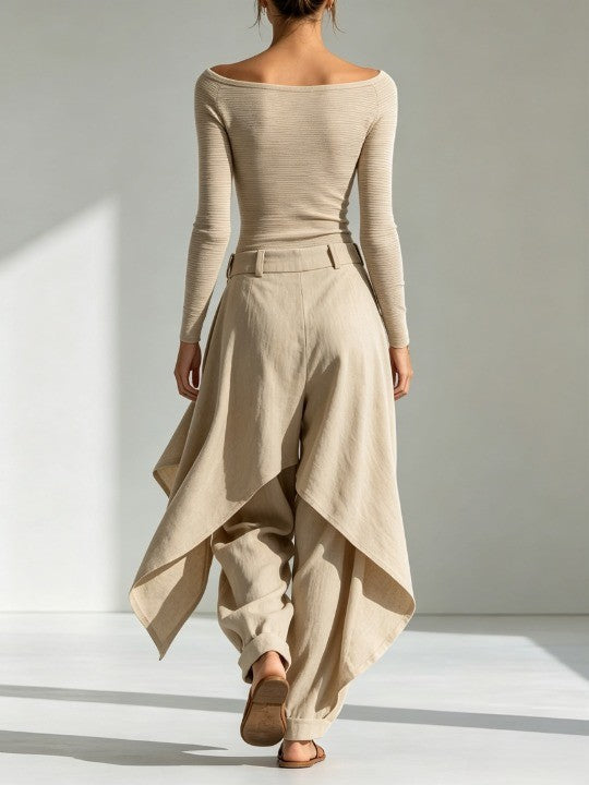 DELPHINE | BEIGE BOAT-NECK WIDE-LEG SET FOR WOMEN