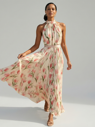 AURELLE | FLORAL HALTER MIDI DRESS FOR WOMEN