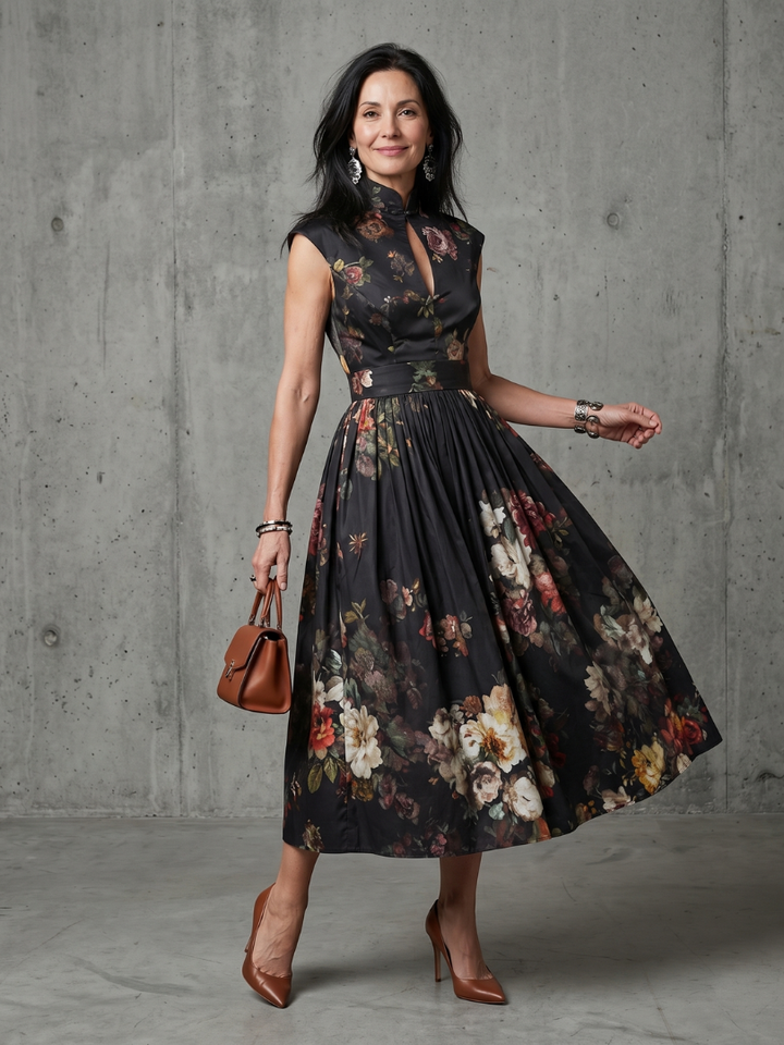 GRETA | NECK PLEATED MIDI DRESS FOR WOMEN