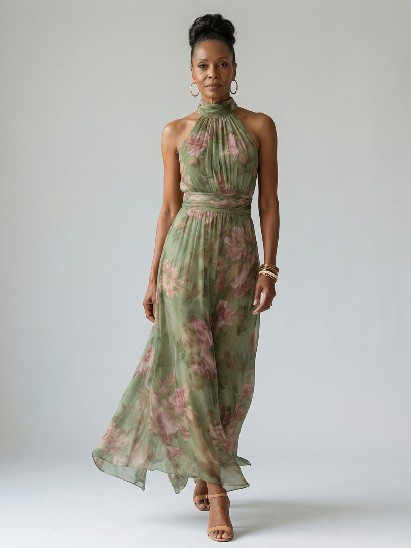 QUILLA | HALTER FLORAL MIDI DRESS FOR WOMEN