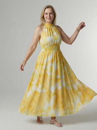 SYLIN | GATHERED HALTER MIDI DRESS FOR WOMEN