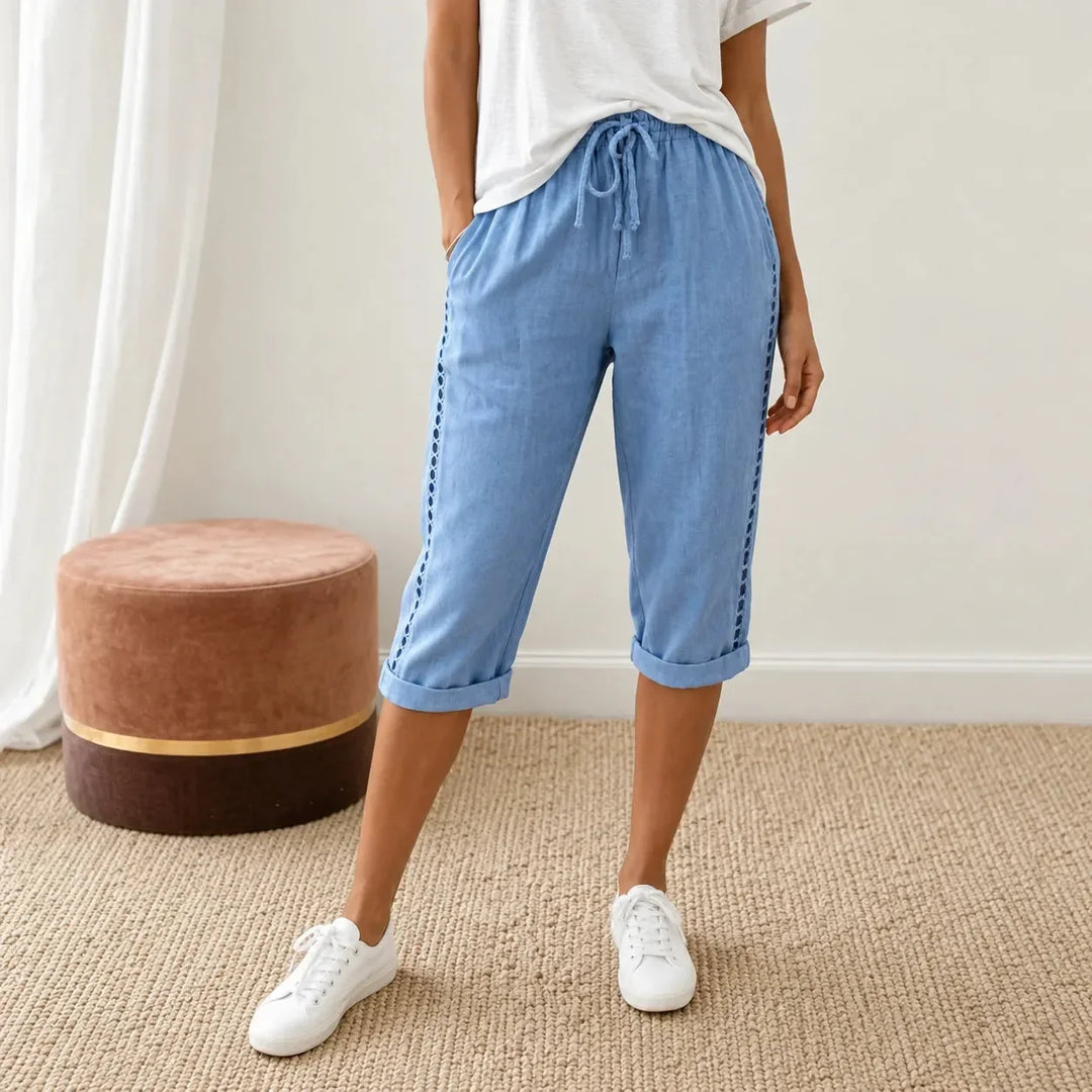LORAVIE | EYELET TRIM COTTON-LINEN-LIKE PANTS FOR WOMEN