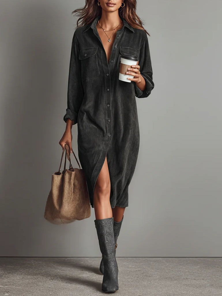 INES | RIBBED CORDUROY MIDI DRESS FOR WOMEN