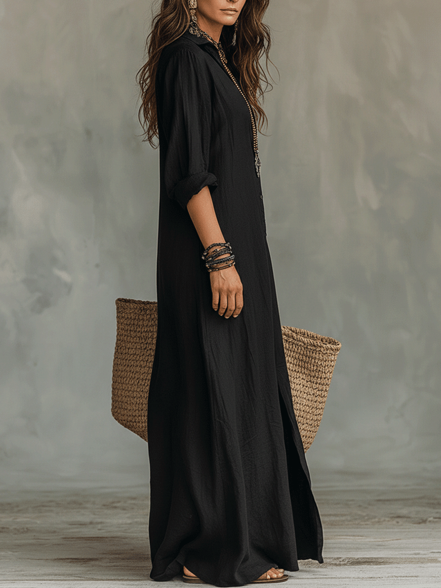 BLACK | BUTTON-FRONT BOHEMIAN MAXI DRESS FOR WOMEN