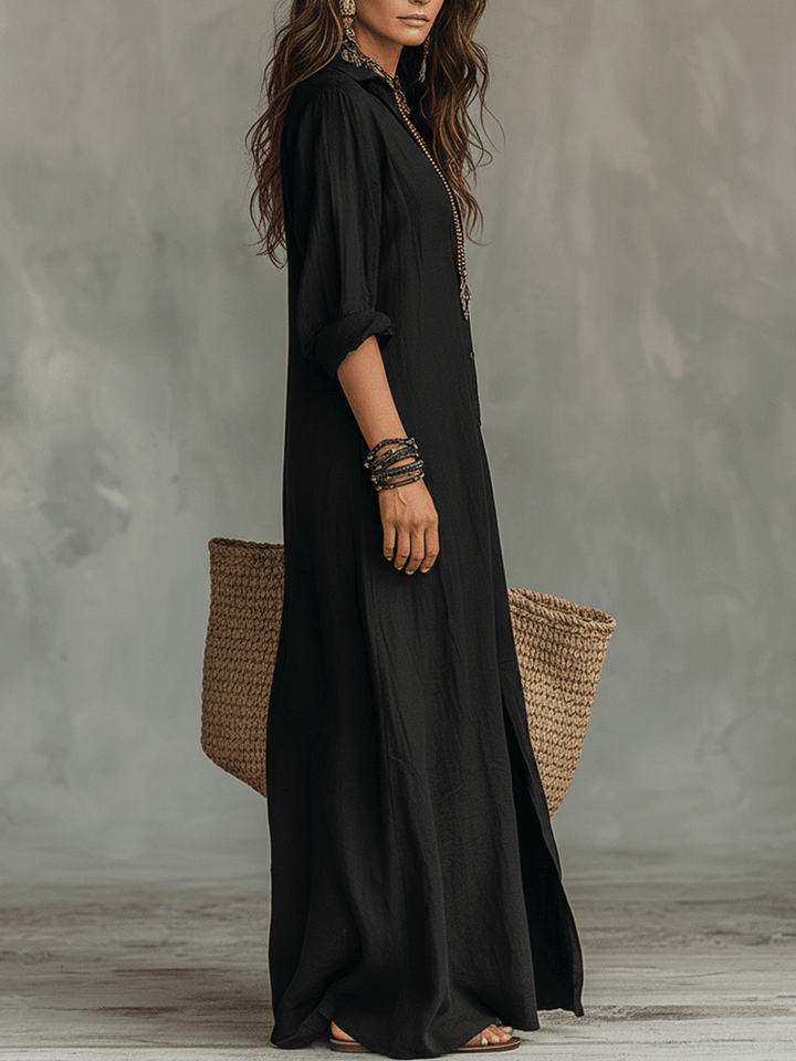 BLACK | BUTTON-FRONT BOHEMIAN MAXI DRESS FOR WOMEN