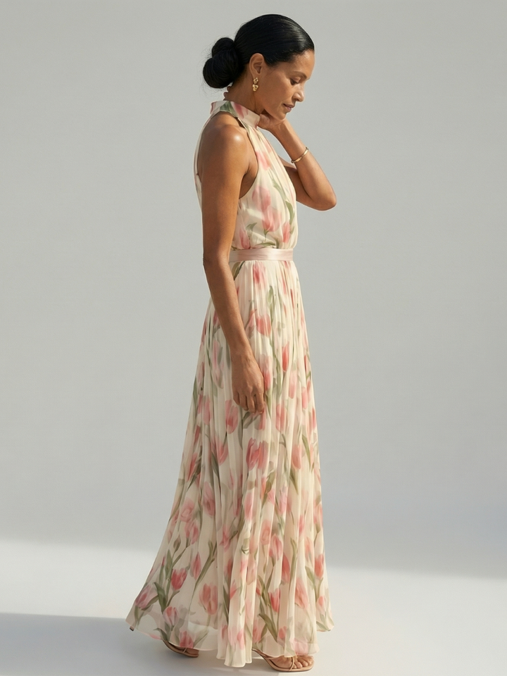AURELLE | FLORAL HALTER MIDI DRESS FOR WOMEN