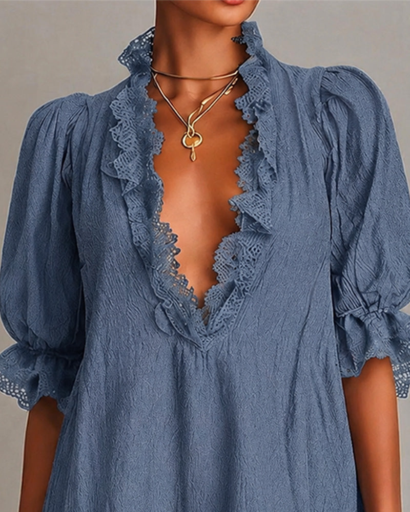 ELODIE | LACE-TRIM V-NECK MINI DRESS FOR WOMEN