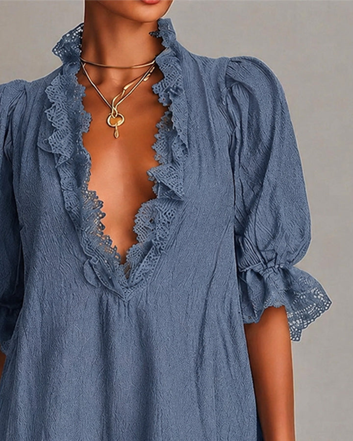 ELODIE | LACE-TRIM V-NECK MINI DRESS FOR WOMEN