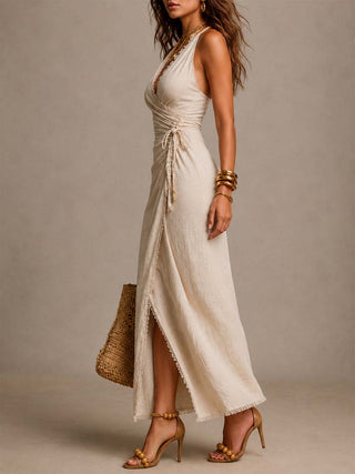 CLEMENCE | NATURAL LINEN MIDI DRESS FOR WOMEN