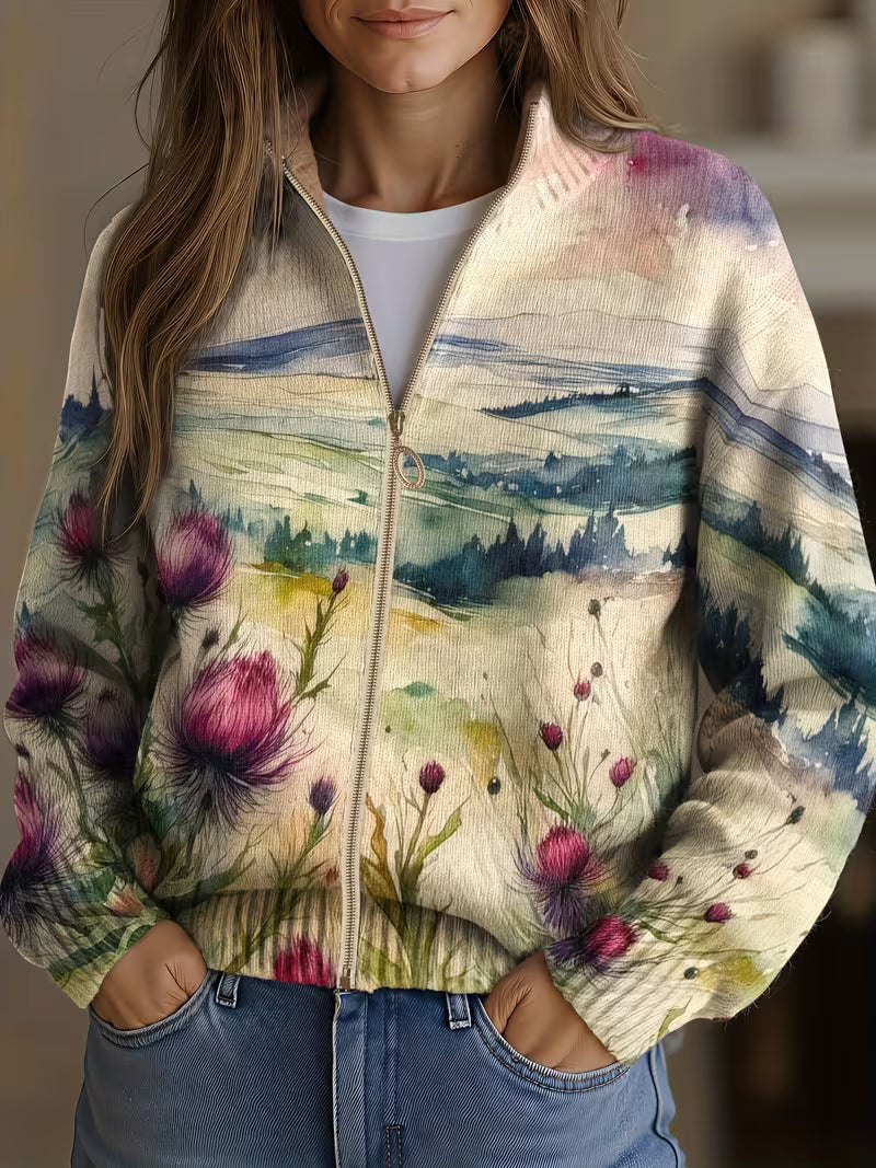 LAVINIA | SCOTTISH THISTLE LANDSCAPE CARDIGAN FOR WOMEN
