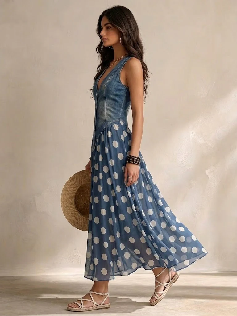 ELENA | DENIM POLKA DOT DRESS FOR WOMEN