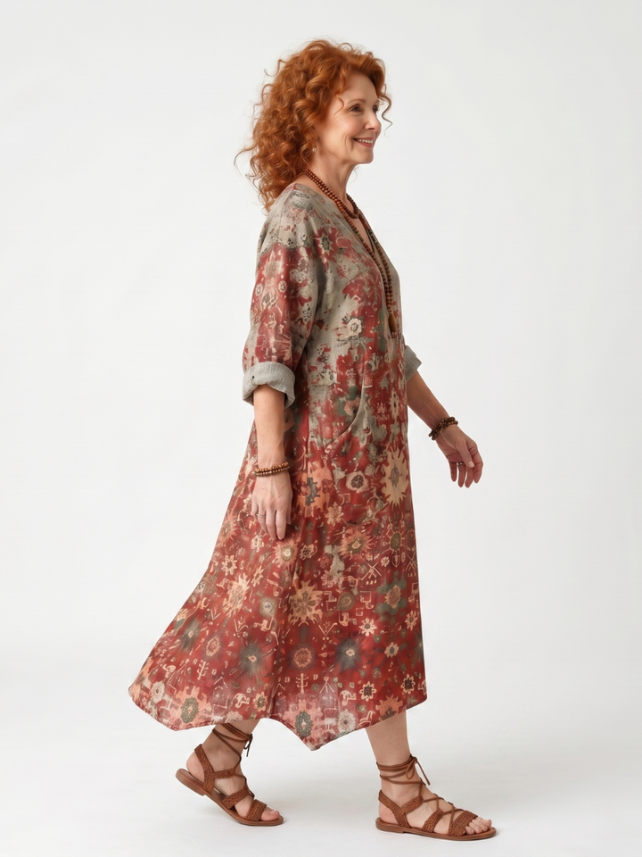 SAFFRON | MIXED PATTERN MIDI DRESS FOR WOMEN