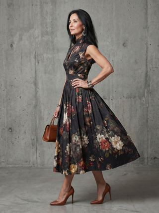 GRETA | NECK PLEATED MIDI DRESS FOR WOMEN
