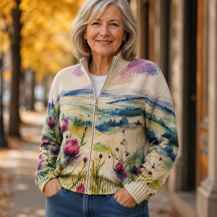LAVINIA | SCOTTISH THISTLE LANDSCAPE CARDIGAN FOR WOMEN