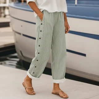 MARENA | STRIPED SIDE-BUTTON CROPPED PANTS FOR WOMEN