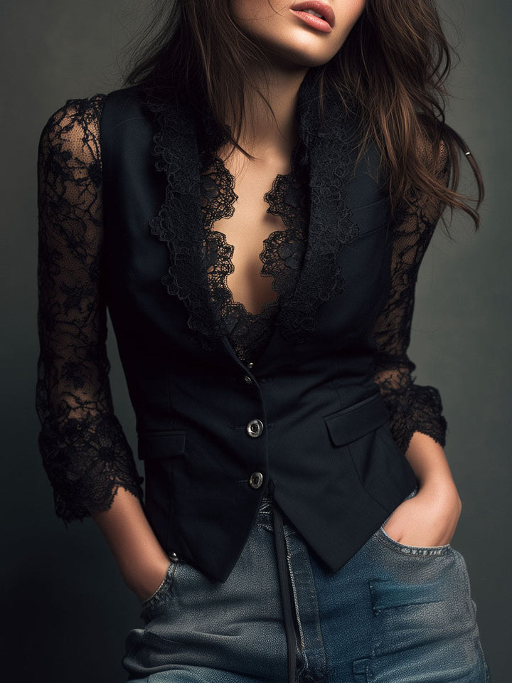 AGATA | BLACK SHEER-SLEEVE BLAZER TOP FOR WOMEN