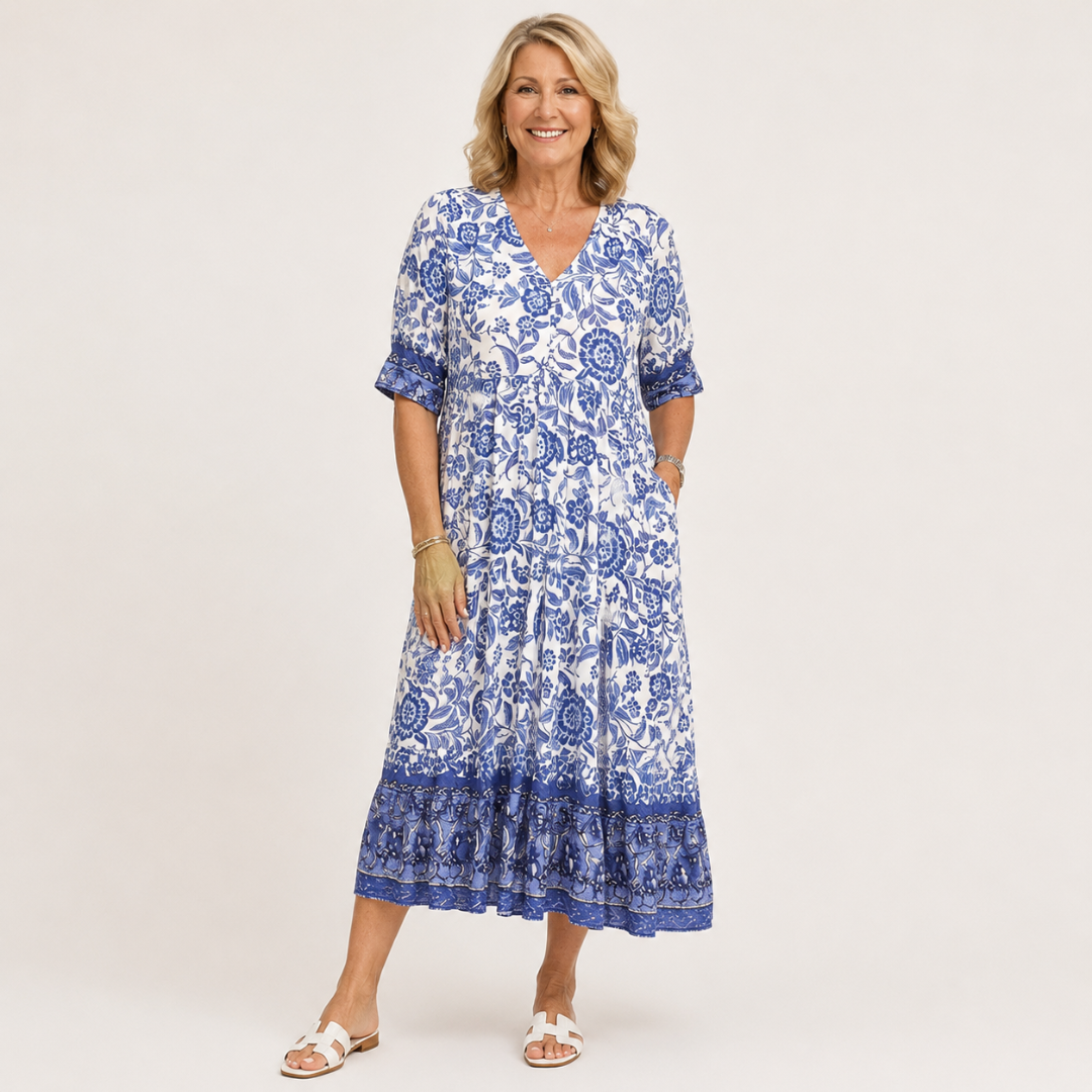 KEISHA | GRACEFUL V-NECK FLORAL DRESS FOR WOMEN