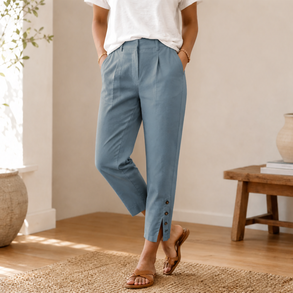 LUNESSA | BUTTON-HEM CROPPED COTTON PANTS FOR WOMEN